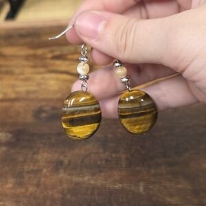 Large Tiger Eye Stone Earrings